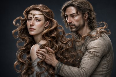 a painting of a man and a woman with long hair