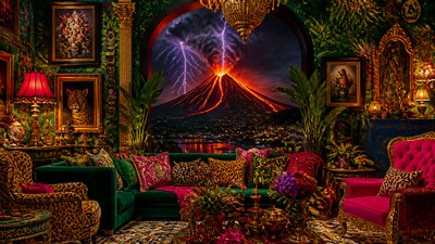 an erupting volcano with lightning strikes, dramatic wide composition, no text
