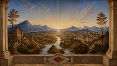 a vast valley with a river winding toward distant mountains at sunrise, no people, no text