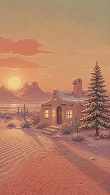 a snow-covered cottage with warm glowing windows beside a decorated pine tree, gentle snowfall, no text