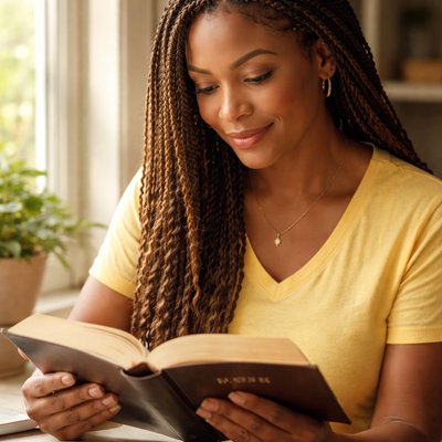 middle aged light skinned black woman with braids wearing a yellow shirt and reading the bible