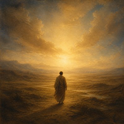 a solitary figure walking toward a glowing horizon across an empty plain, moody atmosphere, no text or lettering
