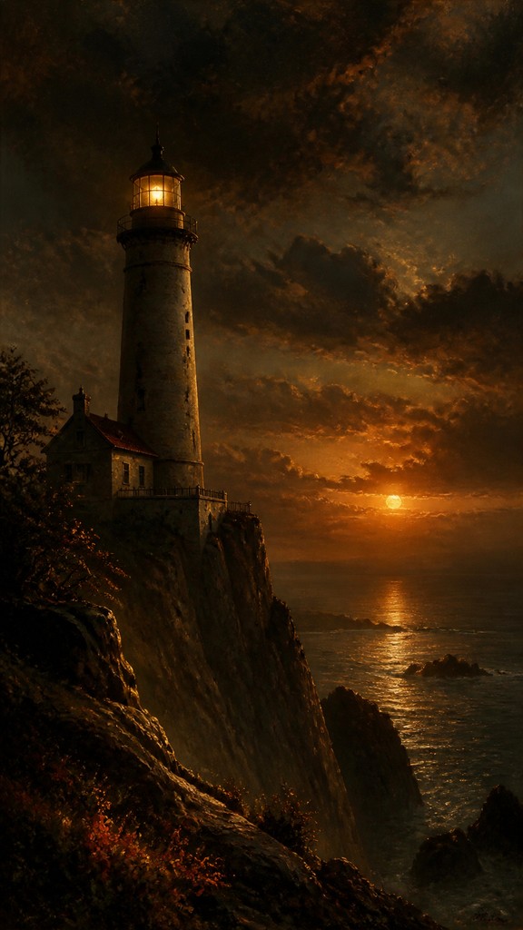 a lone lighthouse on a cliff at dusk under a dramatic sky, no text or lettering