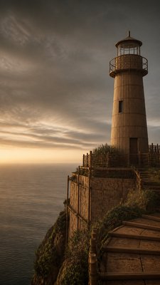 a lone lighthouse on a cliff at dusk under a dramatic sky, no text or lettering