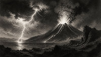 an erupting volcano with lightning strikes, dramatic wide composition, no text
