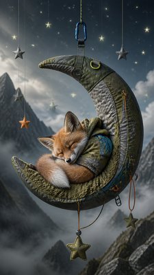 a sleeping baby fox curled on a crescent moon among soft stars, gentle and warm, no text