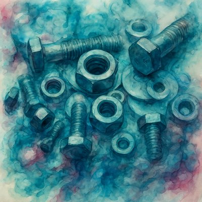 a group of nuts and bolts on a blue and pink background