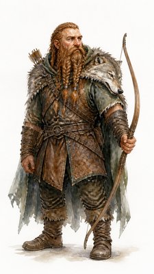 full-body original character: a dwarven ranger with a braided auburn beard, worn leather armor, a longbow and a wolf-pelt cloak, neutral background, no text