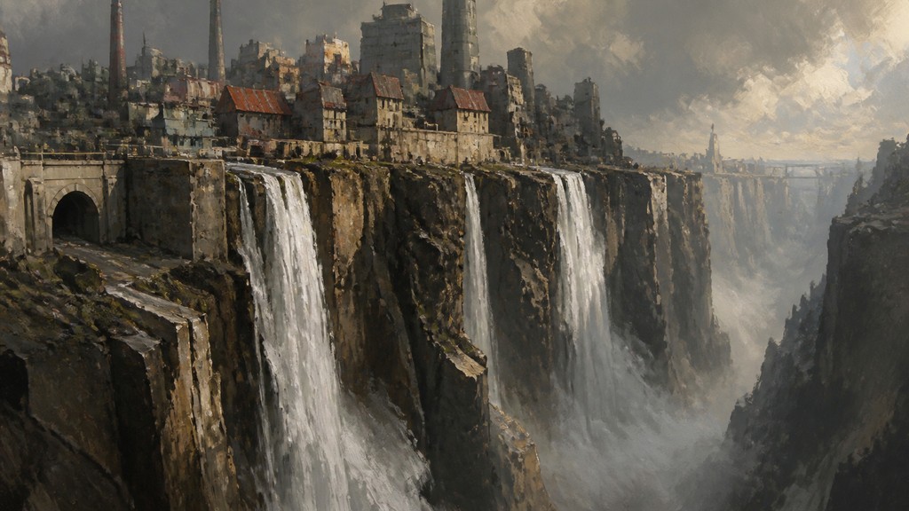 a cliffside city with waterfalls cascading into a misty canyon, wide establishing shot, no people, no text