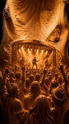 a live music scene with a glowing stage and silhouetted crowd, energetic vertical composition with open space at the top, no text