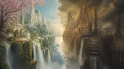 a cliffside city with waterfalls cascading into a misty canyon, wide establishing shot, no people, no text