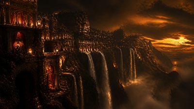 a cliffside city with waterfalls cascading into a misty canyon, wide establishing shot, no people, no text