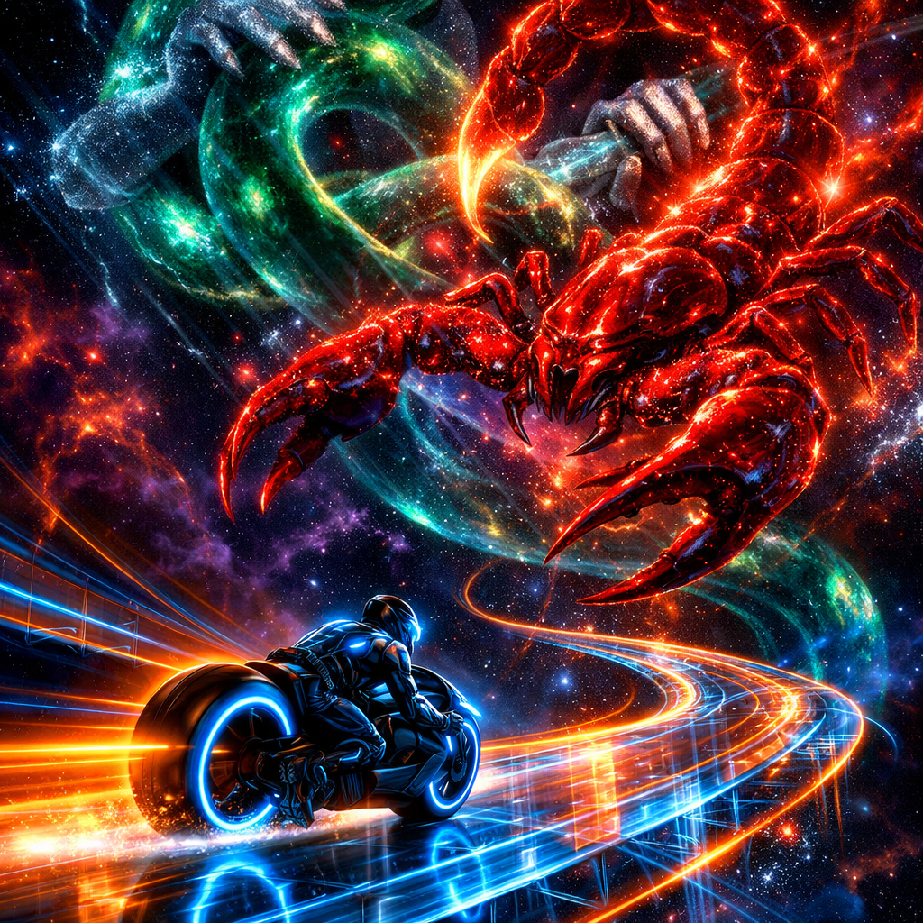 Neon-Futurism Digital Art Style, Bioluminescent Sci-Fi Cosmic Setting. A sleek, futuristic scene set deep in the interstellar void, with absolutely no Earth terrain, asphalt, or atmosphere visible. The Path (The Ecliptic): The "road" is a floating, translucent highway constructed entirely of glowing blue and orange laser grids and condensed stardust, arcing through infinite dark space with dynamic curves. The Rider: A lone rider on a futuristic, hubless "light-cycle" sportbike speeds along this cosmic path at high velocity. The rider is fully encased in a sleek, glowing armored suit with an integrated full-face helmet, leaving a vibrant neon light trail behind them, evading danger with sharp maneuvers. The Constellation (Intense Scorpio and Ophiuchus): Dominating and towering overhead is the immense celestial symbol of Scorpio: a massive, menacing scorpion made of deep crimson glowing stars, luminous energy threads, and bioluminescent nebula plasma, with razor-sharp claws extended and a long curved tail with a glowing stinger poised to strike downward. Directly intertwined and looming even larger above is the abstract form of Ophiuchus, the Serpent Bearer—no full humanoid figure, but represented by powerful restraining arms of shimmering silver and emerald stardust energy that grip and coil around the great serpent (a huge, writhing, translucent serpent of deep green and indigo nebulae). The serpent's body twists through the scene, partially merging with or being restrained from the scorpion's stinger, creating a dramatic overhead struggle. The floating cosmic highway arcs directly under this chaotic overhead clash, so the rider speeds beneath the extended claws of Scorpio while evading their grasp, passing through the shadows of the restrained serpent and Ophiuchus's holding energy as if threading a needle of peril and balance. Radiating intense deep red, crimson, emerald, indigo, and silver lights against the swirling nebula-filled void. Ultra-detailed, cinematic tension, sense of motion and imminent danger.