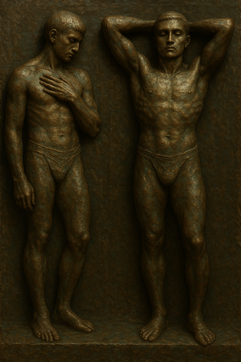 a bronze statue of two men standing next to each other
