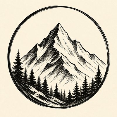 an emblem of a mountain peak inside a circle, simple bold shapes on a plain background, no text or lettering