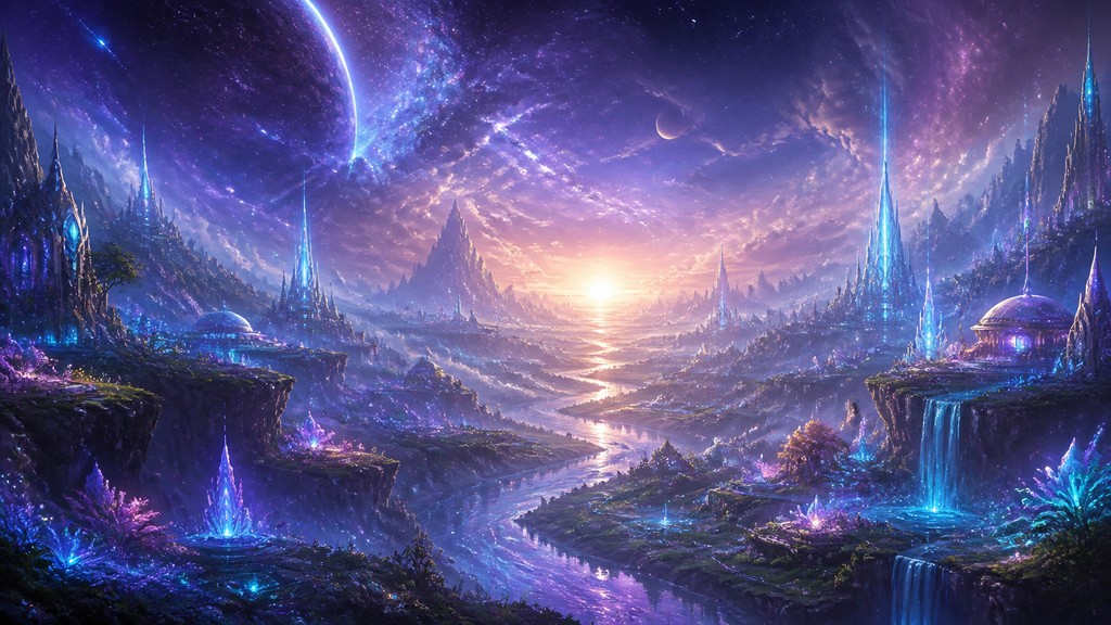 a vast valley with a river winding toward distant mountains at sunrise, no people, no text