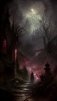 a mysterious forest path with fireflies and drifting mist, atmospheric vertical composition with open space at the top, no text