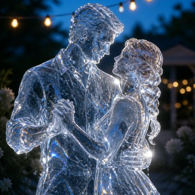 an original couple dancing under string lights in a garden at dusk: a man with short black hair in a linen shirt and a woman with braided red hair in a summer dress