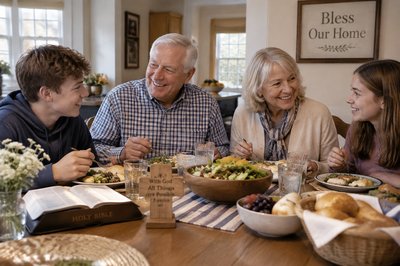 Christian grandparents and young teenage grandkids spend enjoyable meal together