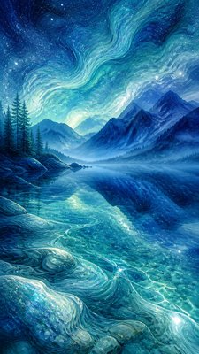 a tranquil mountain lake beneath a starry night sky, no people, no text