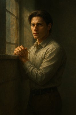 a painting of a man leaning against a window