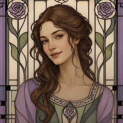 head-and-shoulders portrait of an original character: a young woman with wavy chestnut hair and a warm smile, plain soft backdrop