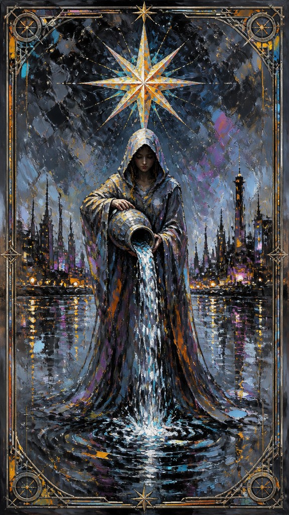 a robed figure pouring water beneath a large eight-pointed star in a night sky, symmetrical composition with an ornate decorative border, no text