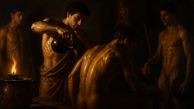ancient greek athletes poring oil on one another