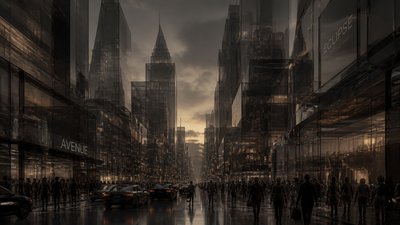 bustling city street panorama at dusk