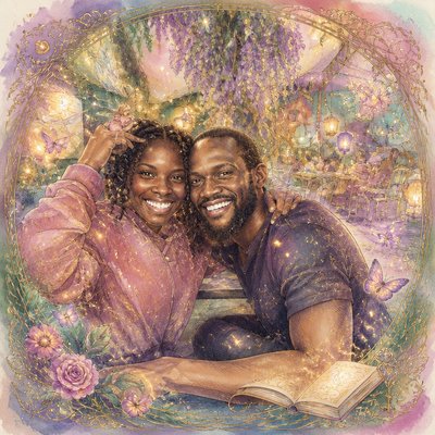 a painting of a man and a woman sitting next to each other