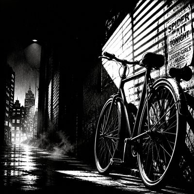 bicyle resting against a wall — Noir Comic Art