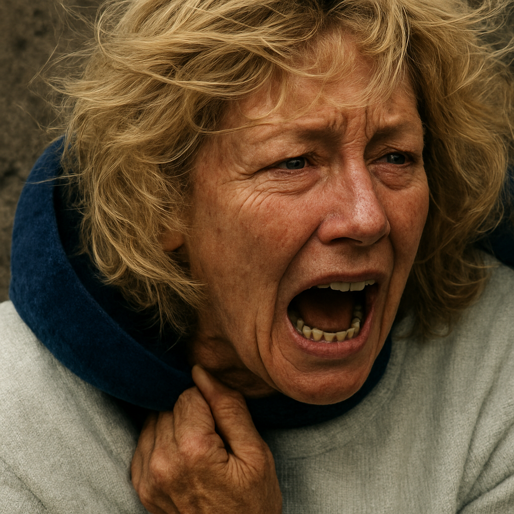 a woman with blonde hair and a blue scarf around her neck