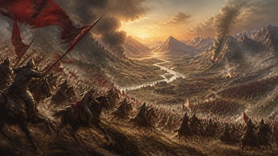 a vast valley with a river winding toward distant mountains at sunrise, no people, no text