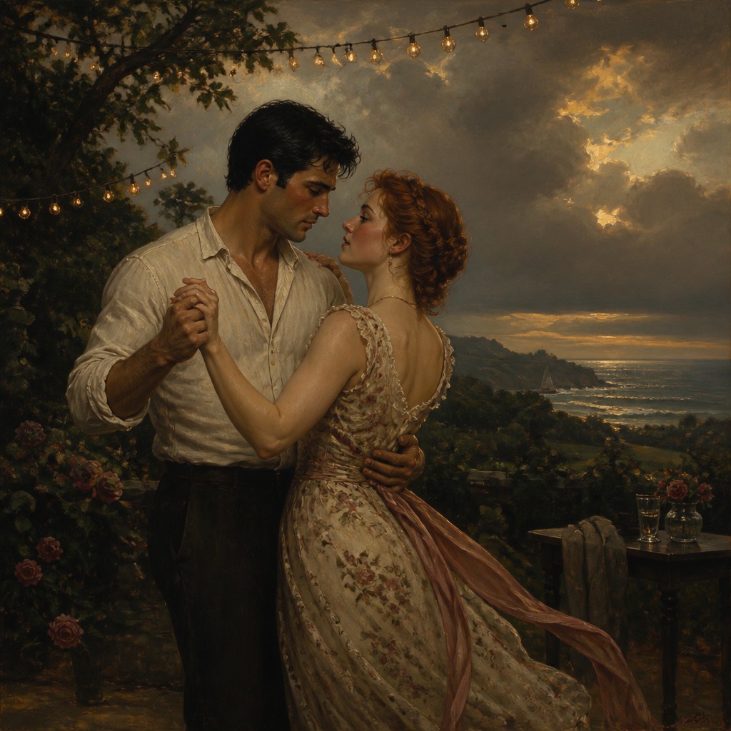 an original couple dancing under string lights in a garden at dusk: a man with short black hair in a linen shirt and a woman with braided red hair in a summer dress