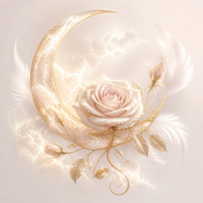 a rose entwined with a crescent moon, clean balanced composition on a plain background, no text