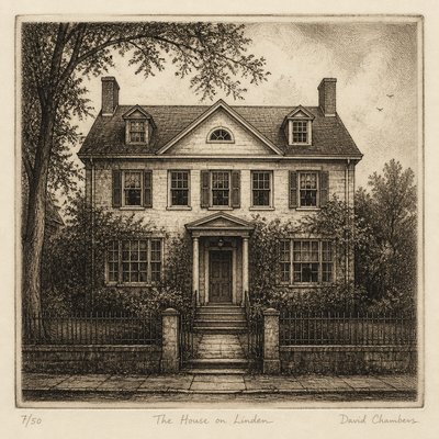 house with front view — Etching Print Style
