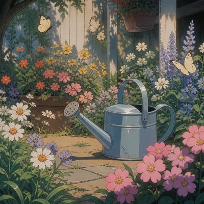 a garden scene with butterflies, flowers and a watering can, clean uncolored line art, no text