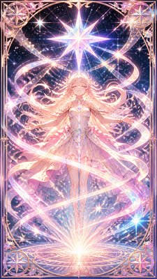 a robed figure pouring water beneath a large eight-pointed star in a night sky, symmetrical composition with an ornate decorative border, no text