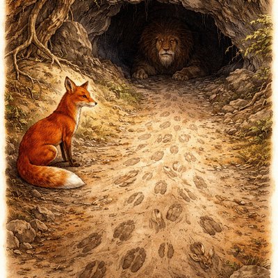 Golden Age Storybook Illustration Style, Rich Watercolor and Ink, Detailed Textures. A narrative scene capturing the tense moment of realization outside a rugged, dark cave entrance hidden among dry rocks and gnarled roots.

The Fox and the Evidence: In the bright, sunlit foreground, a clever, reddish-orange fox sits alertly on its haunches, a safe distance from the cave mouth. Its head is tilted, looking intently at the dusty ground. The dirt path leading directly into the dark cave is a chaotic, heavily trampled mess of hundreds of distinct footprints—deer hooves, rabbit paws, badger claws—all pointing inward. Crucially, the dusty ground leading away from the cave is completely smooth and untouched by return tracks.

The Lion and the Den: The cave entrance is a gaping maw of deep shadow. The gaunt, old lion lying in wait are visible, watching the fox intently. The contrast between the warm sunlight outside and the cold darkness inside is sharp.