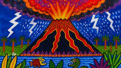an erupting volcano with lightning strikes, dramatic wide composition, no text