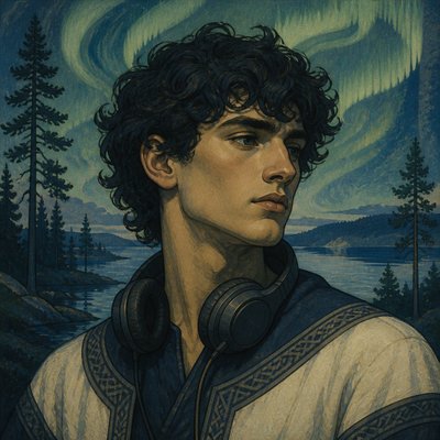 head-and-shoulders portrait of an original character: a young man with curly dark hair and headphones around his neck, plain backdrop, no text