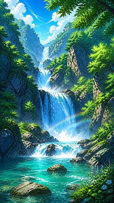 a cascading waterfall in a lush green gorge, no people