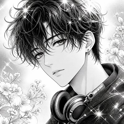 head-and-shoulders portrait of an original character: a young man with curly dark hair and headphones around his neck, plain backdrop, no text