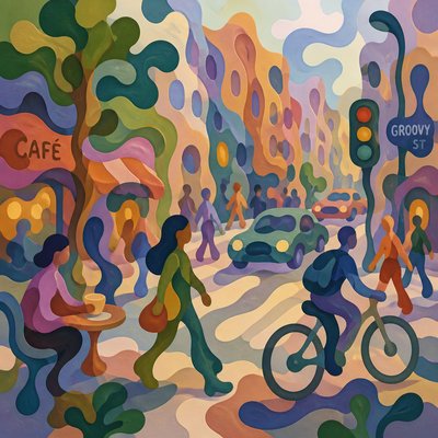urban street with city activity — Biomorphic Shapes Art Style