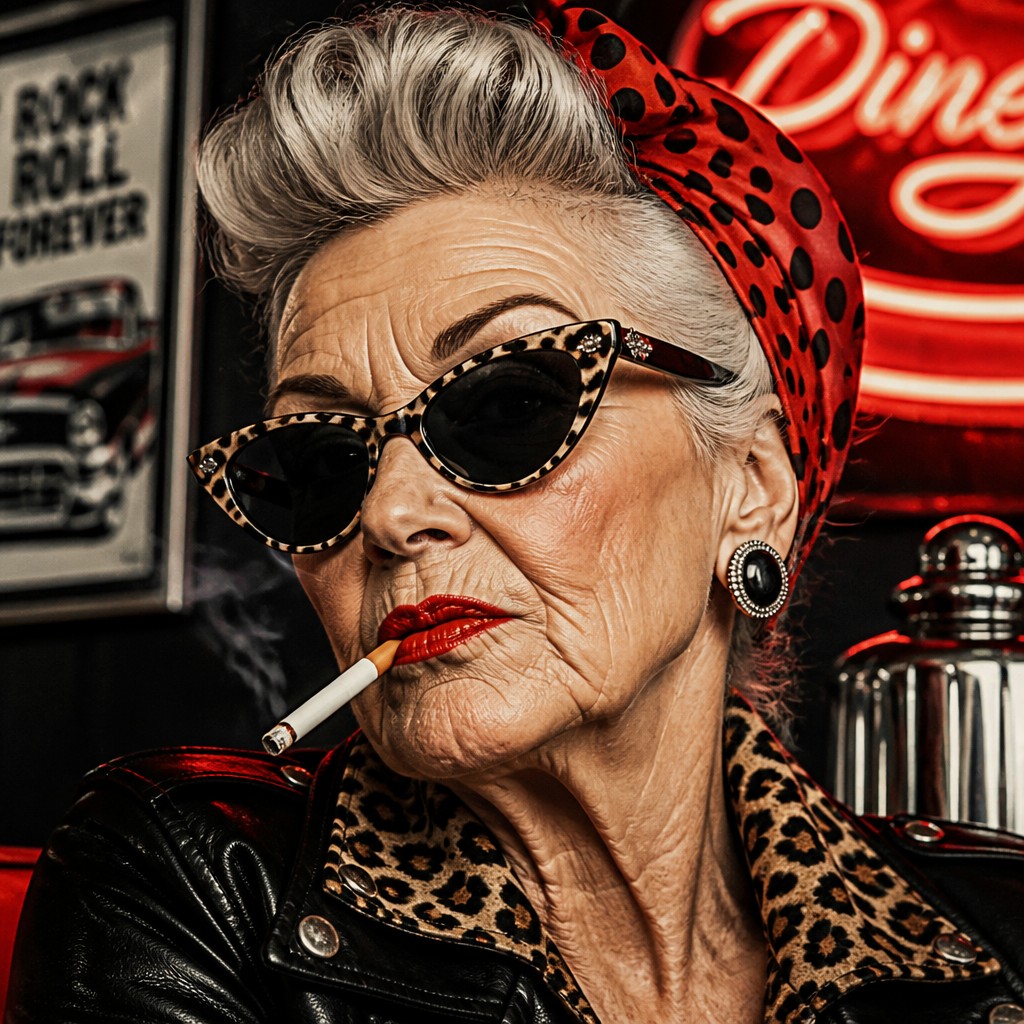 close-up portrait of an elderly person with expressive weathered features — Rockabilly Aesthetic