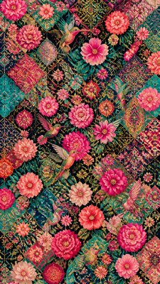 a climbing vine of flowers and hummingbirds on a dark background, tall wrapping composition, no text
