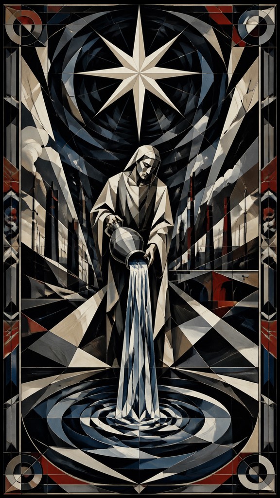 a robed figure pouring water beneath a large eight-pointed star in a night sky, symmetrical composition with an ornate decorative border, no text