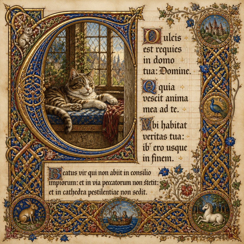 a cat lounging in a sunlit window — Illuminated Manuscript Art Style
