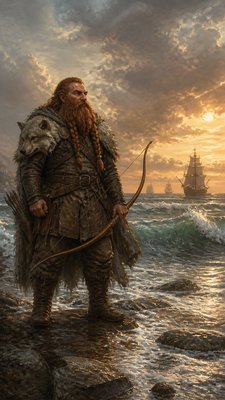 full-body original character: a dwarven ranger with a braided auburn beard, worn leather armor, a longbow and a wolf-pelt cloak, neutral background, no text