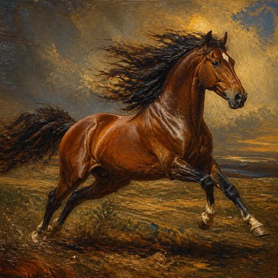 a galloping horse with flowing mane, side view